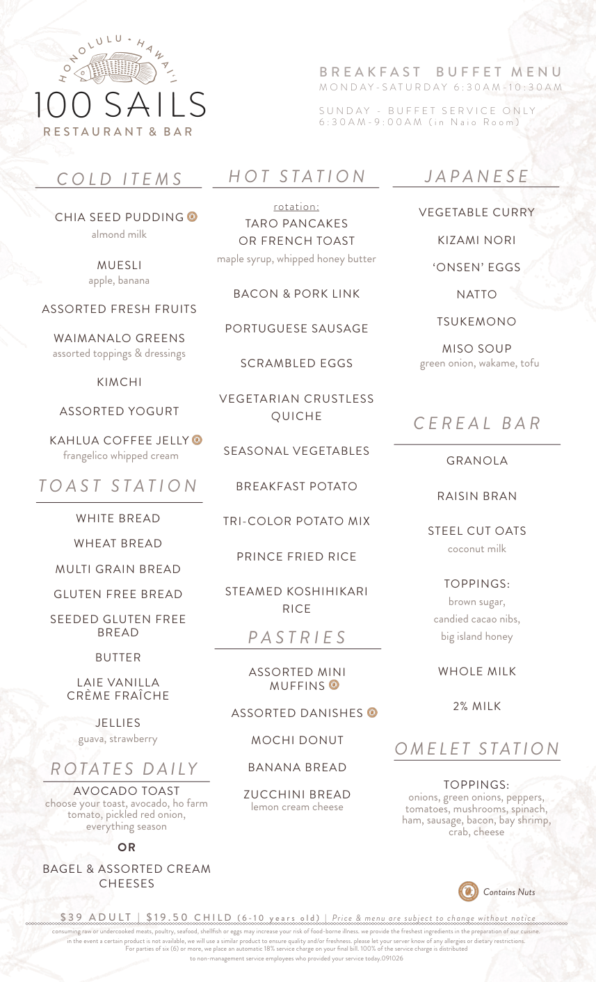 100 Sails — Breakfast & Sunday Brunch official menu, page 1