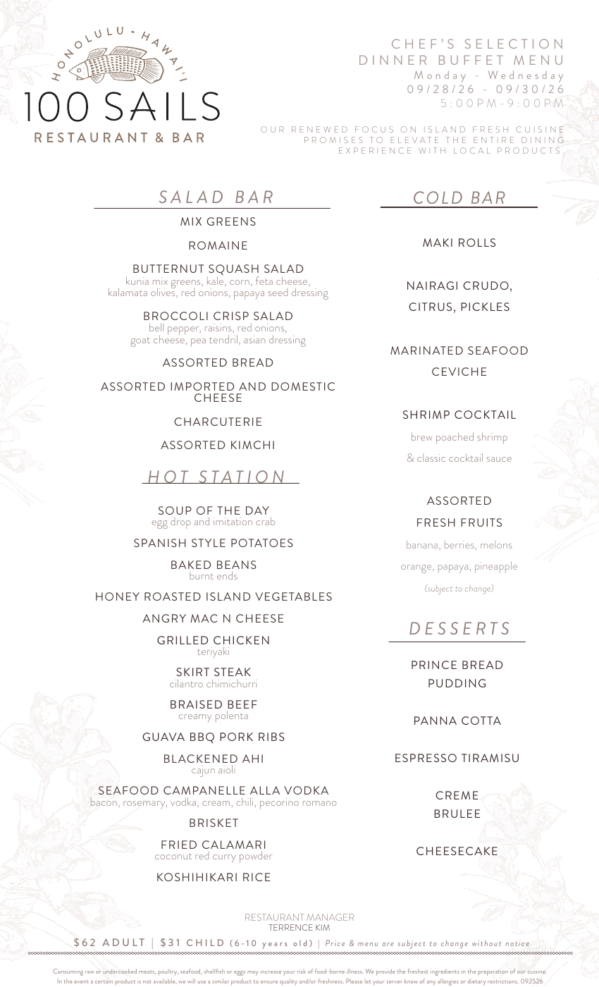 100 Sails — Dinner Buffets official menu, page 2