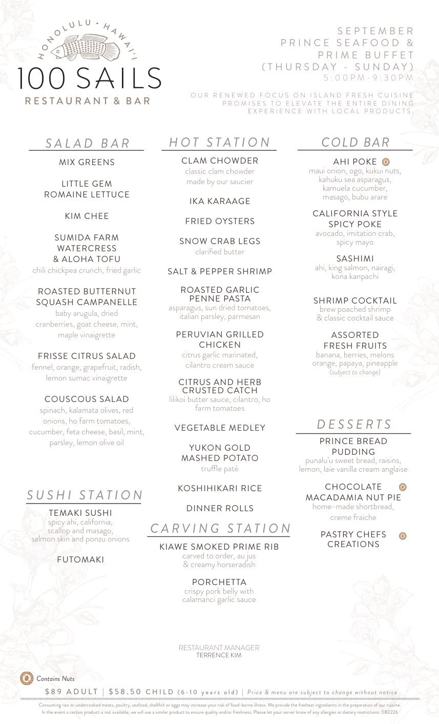 100 Sails — Dinner Buffets official menu, page 1