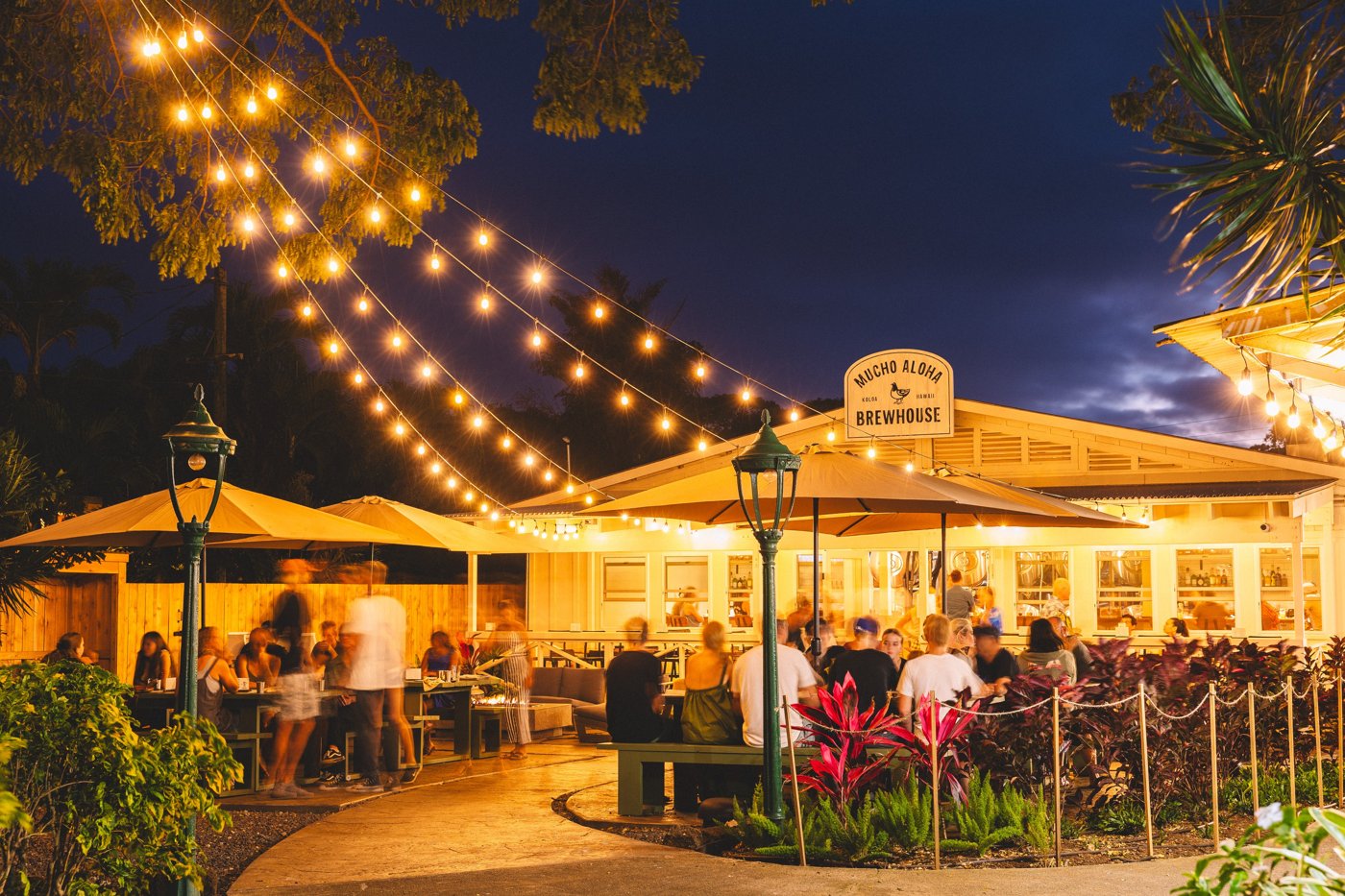 Mucho Aloha Brewhouse in Koloa Town at night