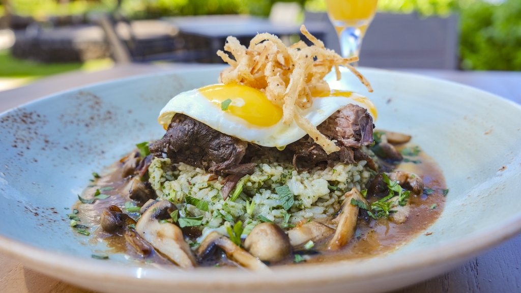 Short-rib loco moco from Maui Brewing restaurant group; photographed branch not identified
