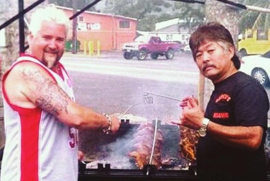 Guy Fieri and Mike grilling at Mike’s Huli Chicken — archival official photograph