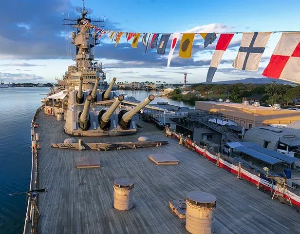 The deck and superstructure of USS Missouri.