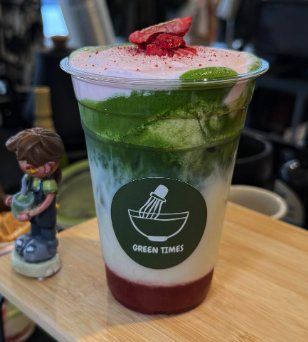 Layered matcha drink from Green Times, paired with its listing in Fishcake’s vendor directory