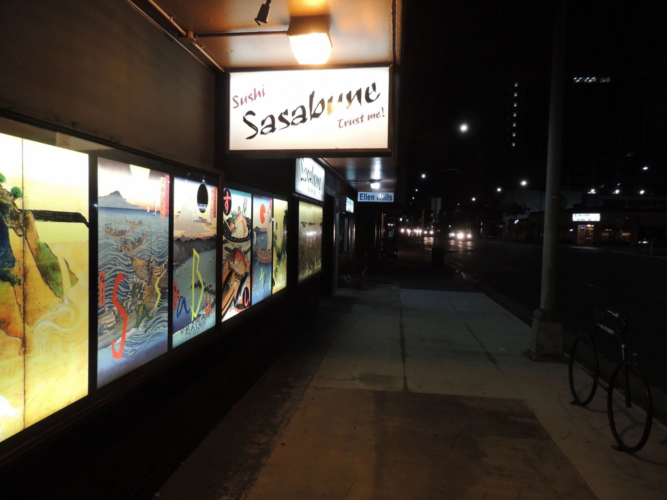 Sushi Sasabune Honolulu restaurant exterior at night