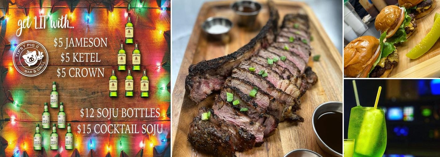 Steak and drinks in a photo collage for Tipsy Pig 2 Bar & Grill, Honolulu