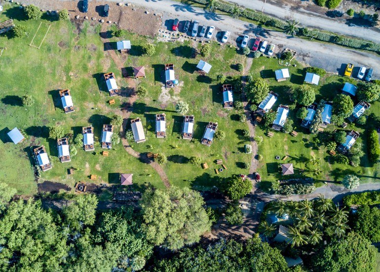 Aerial view of the tentalows at Camp Olowalu.