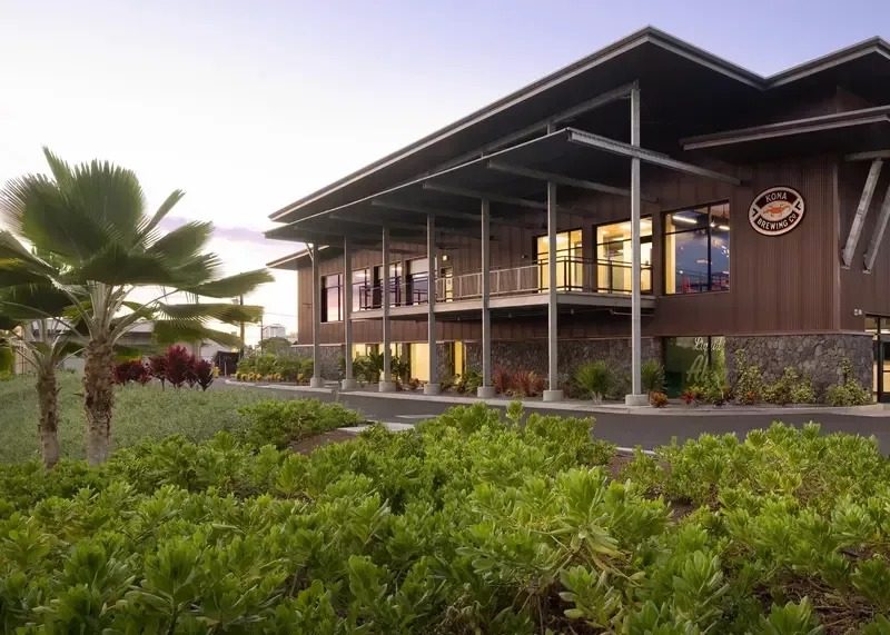 Kona Brewing brewery exterior at sunset; Kona Pub is a separate destination