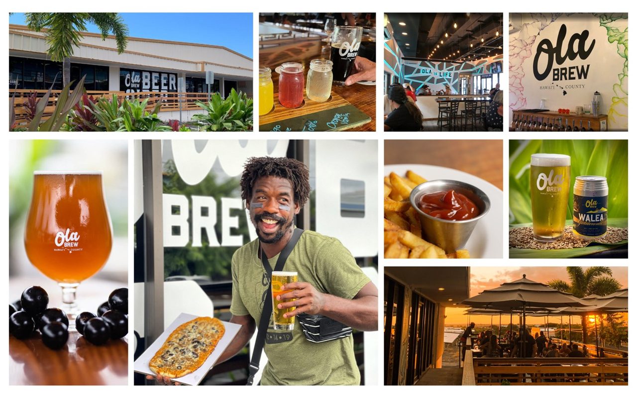 Ola Brew official photo collage of taprooms, beer and food; brand-level image