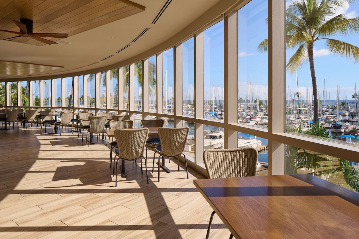 100 Sails dining room overlooking the harbor; not a photograph of a specific buffet
