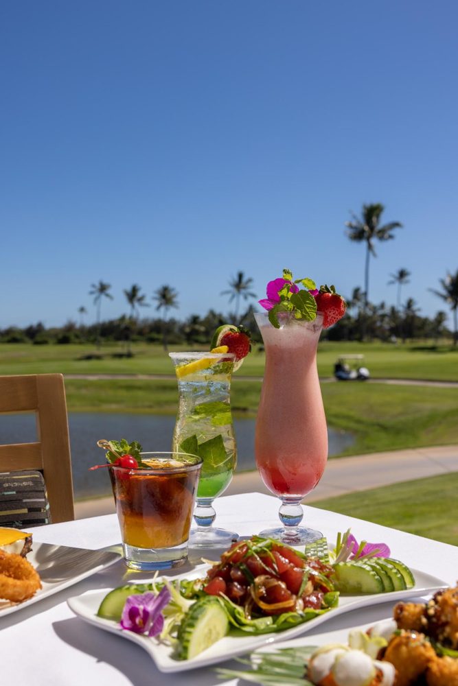 Bird of Paradise food, drinks and golf-course setting; not a photograph of the buffet