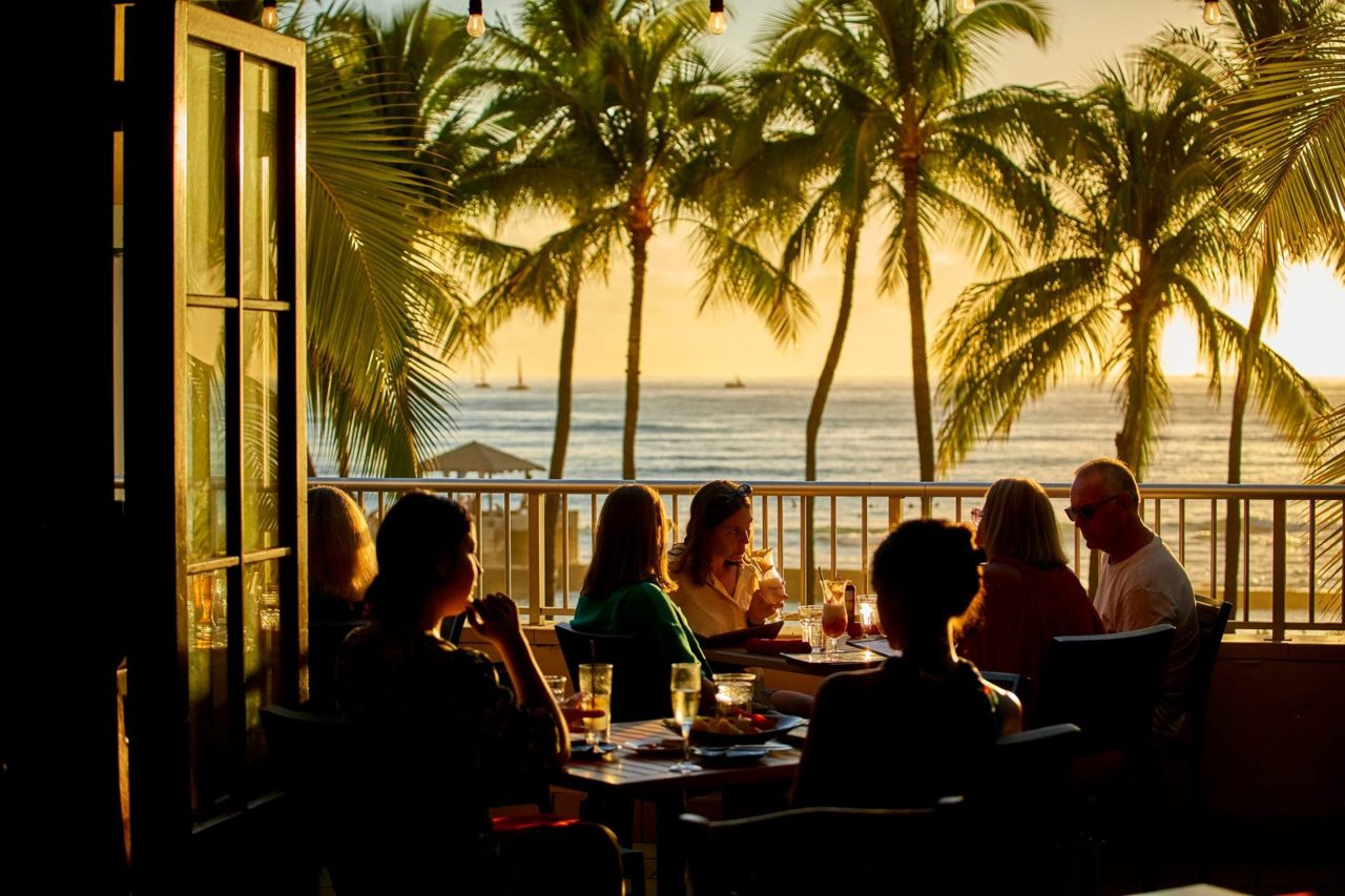 Sunset dining at Tiki’s Grill & Bar, Waikiki.