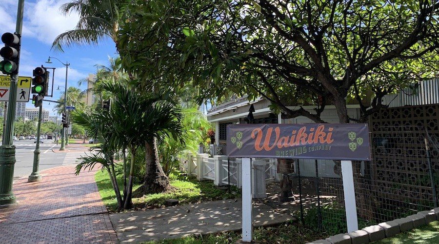 Original Waikiki Brewing location at Kalakaua Avenue; archival exterior photo